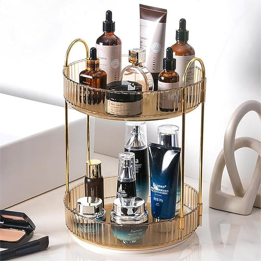Rotating Makeup Organizer Countertop 2 Tier Lazy Susan Trays Clear Skincare Perfume Storage for Bathroom Counter Vanity, Amber Gold-NeatNest