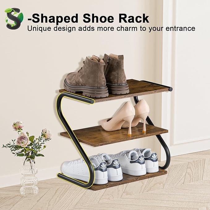 Small 3-Tier Shoe Rack, Z-Frame Wooden Shoe Shelf with Durable Metal Shelves for Hallway, Living Room, Closet, Bedroom (17.2”)-NeatNest