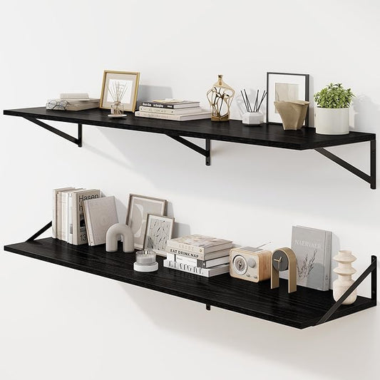 Fun Memories Floating Shelves for Wall, 12 Inch Deep Floating Shelves Set of 2, 55W x 12D Large Wall Shelf with Sturdy Metal Brackets for Living Room, Bathroom, Bedroom and Kitchen, Black-NeatNest