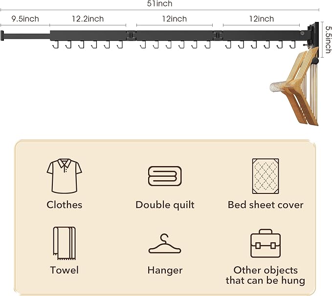 Wall Mounted Clothes Hanger,Clothes Drying Rack,Laundry Drying Rack,Drying Rack Clothing,Laundry Hanger Rack,Retractable Dryer Racks,Collapsible, Aluminum,can be Fold Upward & Left & Right