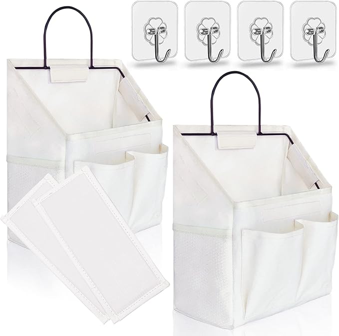2pcs Small Wall Hanging Organizer Bag, Linen Fabric Door Hanging Storage Basket with Pockets, Waterproof Bin for Kitchen, Bedroom, Office, RV Camper (White)-NeatNest