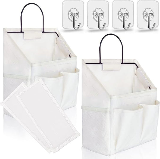 2pcs Small Wall Hanging Organizer Bag, Linen Fabric Door Hanging Storage Basket with Pockets, Waterproof Bin for Kitchen, Bedroom, Office, RV Camper (White)-NeatNest