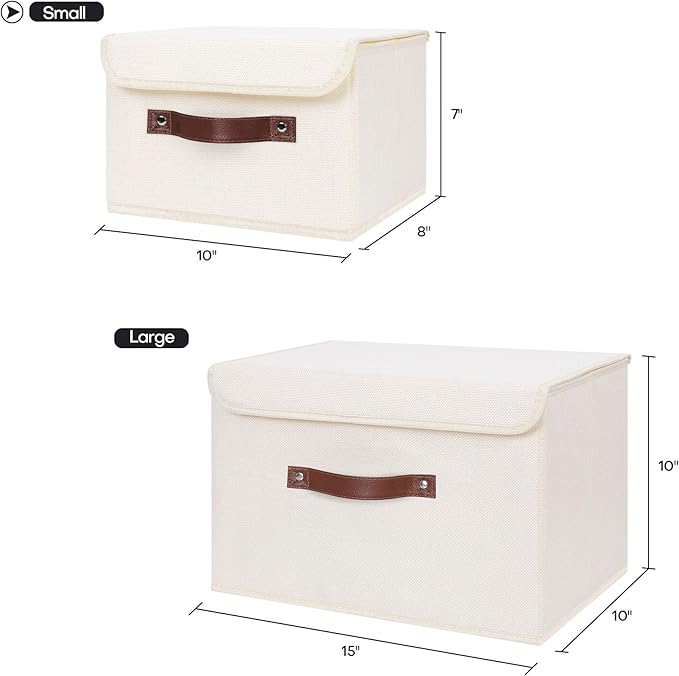 ANMINY 2PCS Storage Bins with Lid PU Leather Handles Storage Boxes PP Plastic Board Decorative Foldable Lidded Cotton Linen Fabric Home Cubes Baskets Closet Organizer Containers - Beige, Small Size-NeatNest