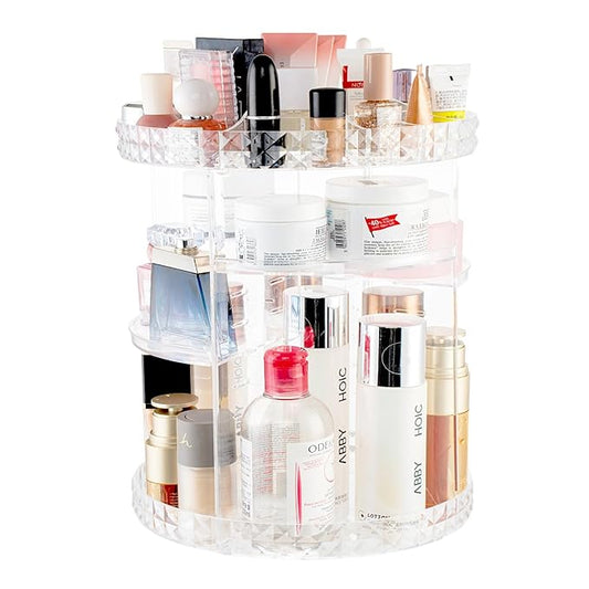 V-HANVER 360 Rotating Makeup Organizer Perfume Organizer Clear Cosmetic Storage Display Case Large Capacity Acrylic Beauty Holder Adjustable Partition Height for Bedroom Dresser or Bathroom Vanity-NeatNest