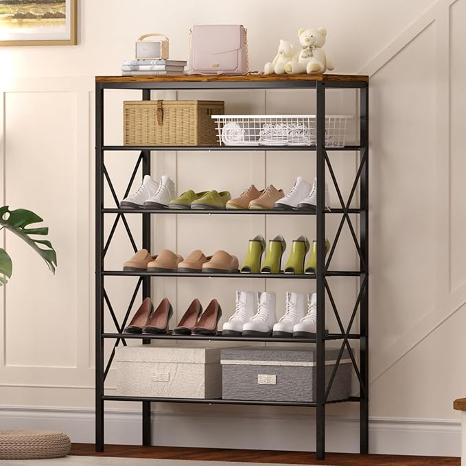 6 Tiers Metal Shoe Rack，Large Capacity Shoe Rack Holds 24 Pairs of Shoes, Durable and Stable, Adjustable Metal Shelf Stackable Shoe Shelf for Entryway, Hallway, Living Room, Closet-NeatNest