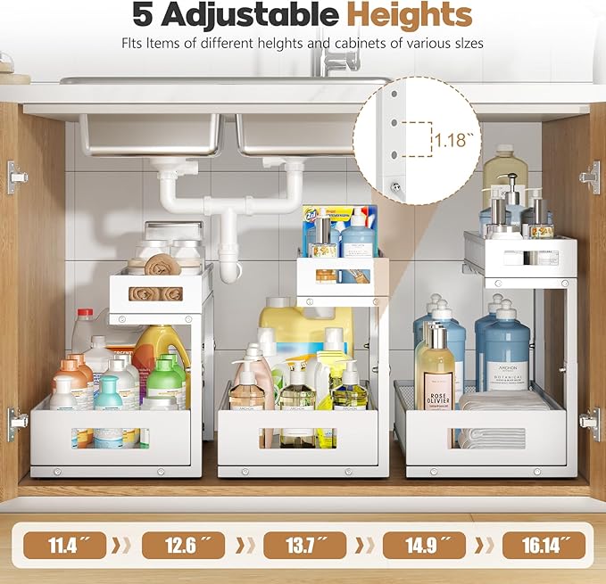 2 Pack 17IN Depth Under Sink Storage Organizer, Large 2-Tier Elegant Mesh Pull Out Shelf for Kitchen and Bathroom Cabinet Organization, L-Shaped and Adjustable Height Design-White-NeatNest