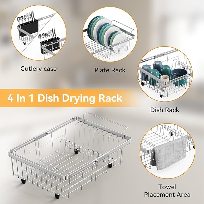 Orgneas Capacity Expandable Dish Drying Rack in Sink, Stainless Steel Rustproof Over Sink Dish Drainer Rack with Utensil Holder for RV Kitchen Counter, Fit for Interior Width 10.5''~17'' Sinks