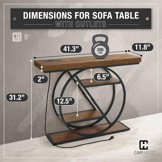 CAPHAUS 41” Unique Design 4-Tier Industrial Thick Sofa Console Table w/Storage & Charging Station, Entrance Tableau w/ 2 Outlets, USB & Type-C Ports for Living Room, Hallway, Rustic, Hourglass-NeatNest
