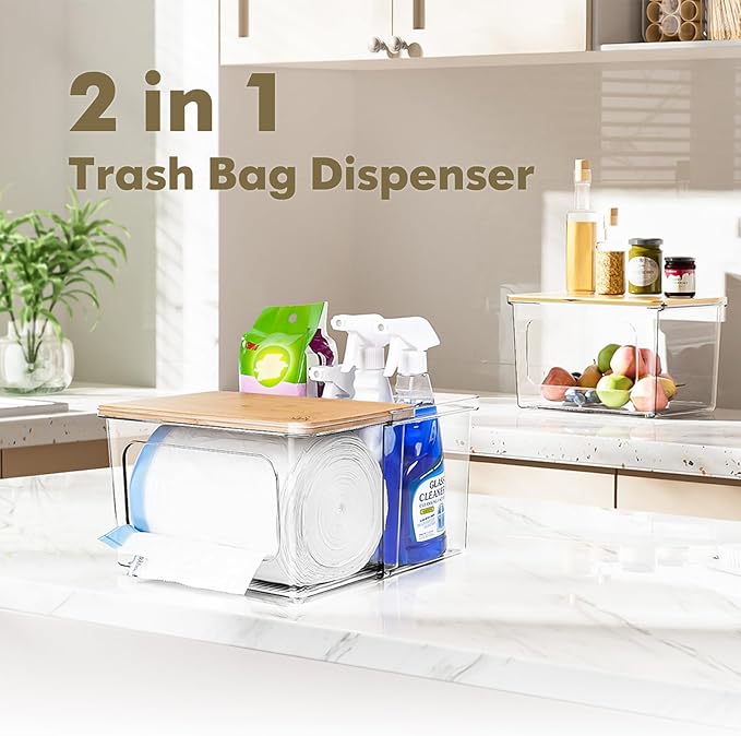 Trash Bag Dispenser Holder - 2 in 1 Clear Acrylic Plastic Garbage Bags Container With Bamboo Lid Storage Box for Kitchen Pantry Laundry Room Organization, Large Trash Bag Organizer Under Sink-NeatNest