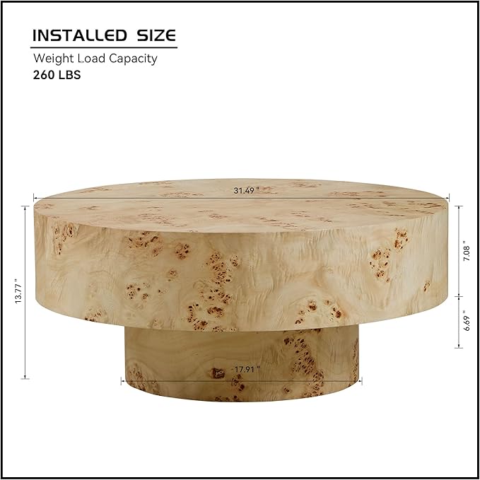 Coffee Table, 31.49'' Round Coffee Table with Burl Wood Veneer for Living Room, Handcrafted Relief Carving, Easy Assembly, Natural-NeatNest