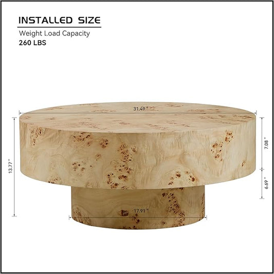 Coffee Table, 31.49'' Round Coffee Table with Burl Wood Veneer for Living Room, Handcrafted Relief Carving, Easy Assembly, Natural-NeatNest