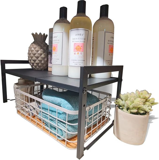 Expandable Cabinet Shelf Organizer 16-26" L Stackable Kitchen Counter Shelf Sink Rack Countertop Storage Black (Wide 10.6”D)-NeatNest
