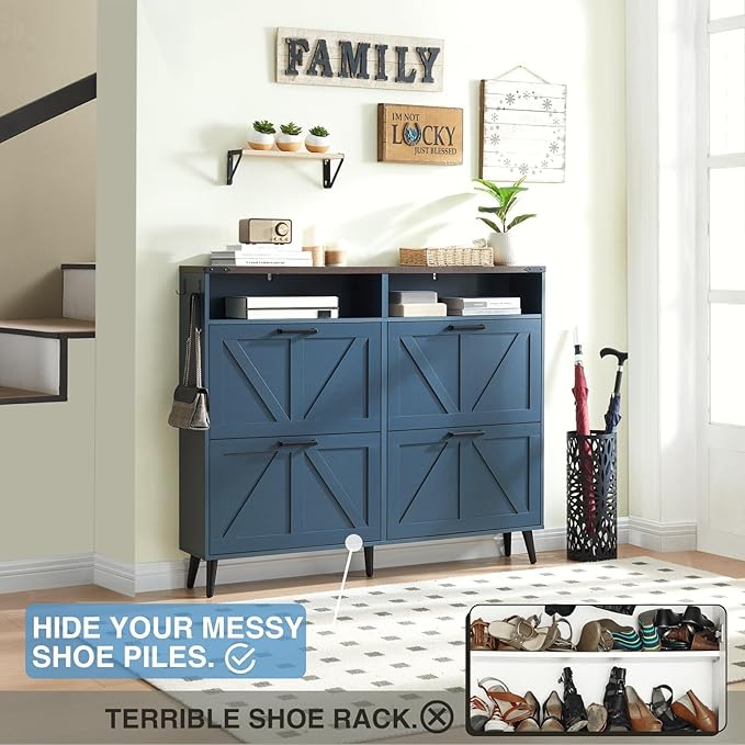 Shoe Storage Cabinet,Farmhouse Shoe Organizer with 4 Flip Drawers & Barn Door Design,Freestanding Hidden Slim Narrow Shoe Rack Cabinet with Open Shelves for Entryway,Foyer,Hallway,Blue-NeatNest