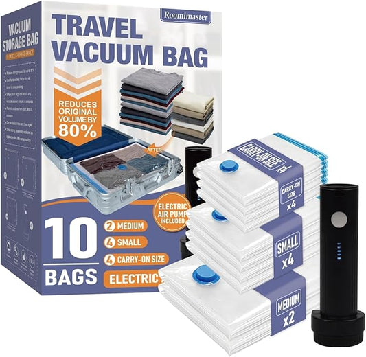 Travel Vacuum Storage Bags with Electric Pump, 10 Combo Travel Packing Bags for Luggage and Suitcase, Carry-on Size Compression Space Saver for Clothes and Clothing-NeatNest