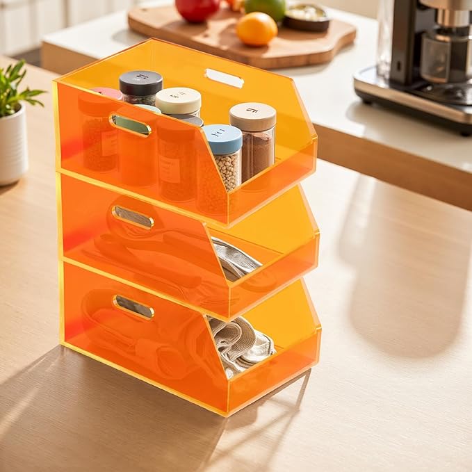 Gelite Stackable Large Storage Bin Organizer with Handles Acrylic Storage Container for Toy Pantry Kitchen Cabinet Bathroom Closet Office Organization, 15.4x11.4x6.7'', Neon Orange