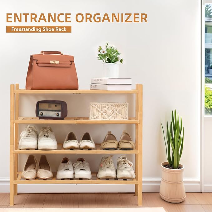 4 Tier Bamboo Shoe Rack Storage Organizer for Closet, Multifunctional Stackable Free Standing Shoe Shelf Organizer for Small Space,Entryway,Hallway,Bathroom 27"x11"x26"(Natural, 4 Tier)-NeatNest