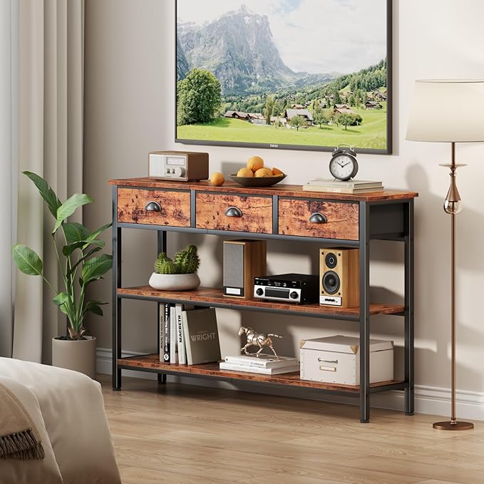 Furologee Long 47" Console Sofa Table with 3 Drawers, Entryway Table with 3-Tier Storage Shelves, Industrial Display Shelf for Entry Way, Hallway, Couch, Living Room, Kitchen, Foyer, Rustic Brown-NeatNest