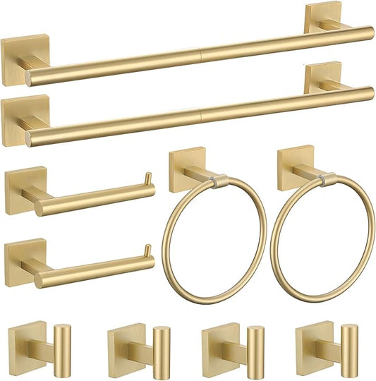 10 Pieces Brushed Gold Towel Bar Set, 23.6 Inch Bathroom Accessories Set SUS304 Stainless Steel Bathroom Hardware Set Towel Racks for Bathroom Wall Mounted.