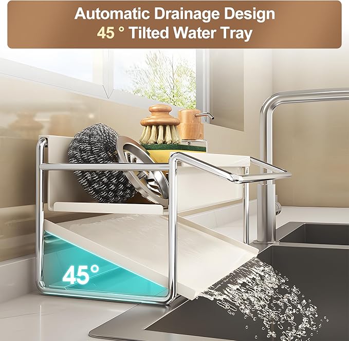 Kitchen Sink Sponge Rack, Self Draining Kitchen Sink Storage Rack, Rust-Proof Stainless Steel Dish Sponge Storage Rack (with Dish Cloth Rack), Bathroom Soap Dispenser Storage (White)-NeatNest