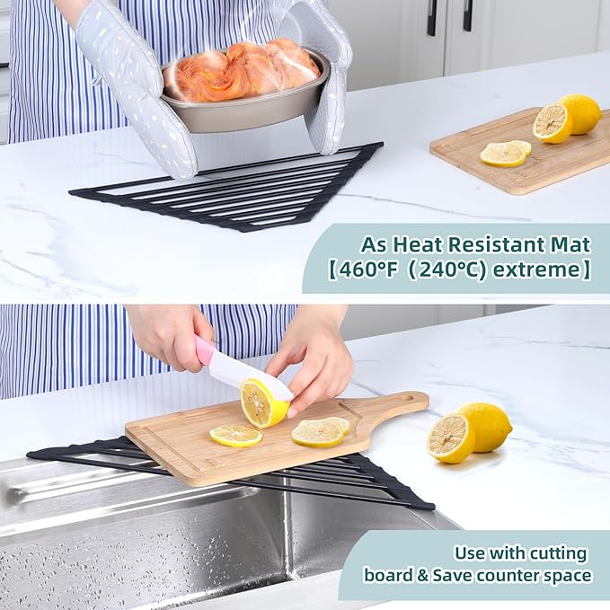 Corner Sink Caddy, Ohuhu Sponge Holder for Kitchen Sink Organizer Silicone Wrapped Steel Anti Slip Rust Triangle Over the Sink Dish Drying Rack for Sink Corner Multipurpose Drainer Trivet Space-Saving-NeatNest