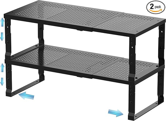 Expandable Spice Rack & Kitchen Cabinet Organizer - Stackable, Adjustable Shelves for Cabinets, Countertops, Cupboards & Pantries(2 Packs/Medium/Black)-NeatNest