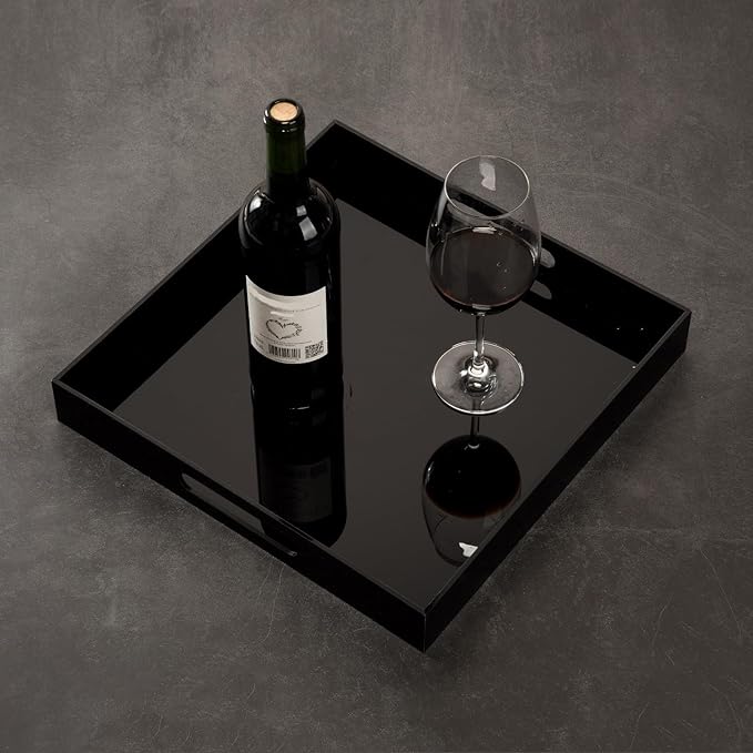 Glossy Black Acrylic Serving Tray - 14x14Inch, Multipurpose, Sturdy, Modern Style, Spill Proof, Countertop Organizer, Vanity Table Tray-NeatNest