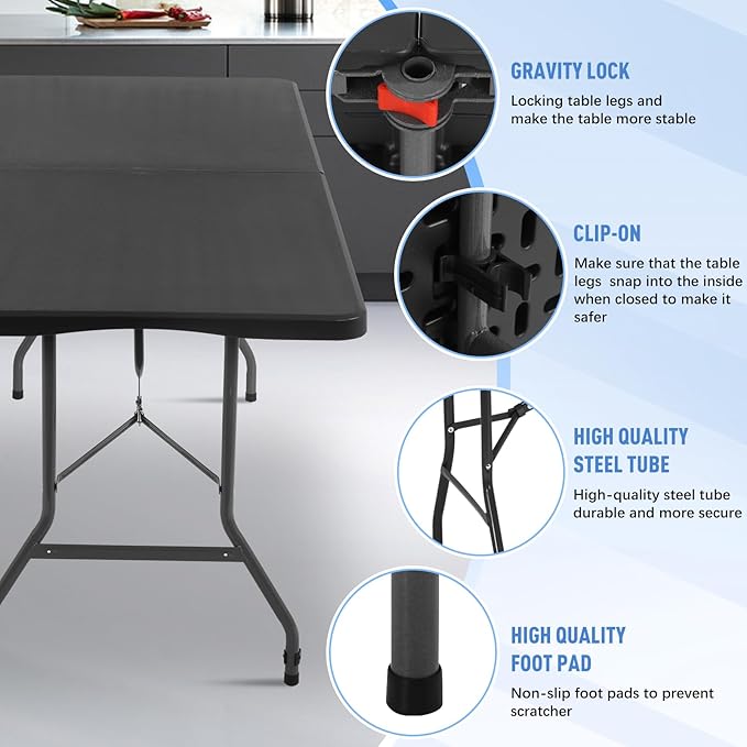6ft Folding Table, Heavy Duty Foldable Table with Handle, Portable Fold-in-Half Utility Tables for Indoor & Outdoor Use Perfect for Camping BBQ Party Wedding Market Events, Black-NeatNest