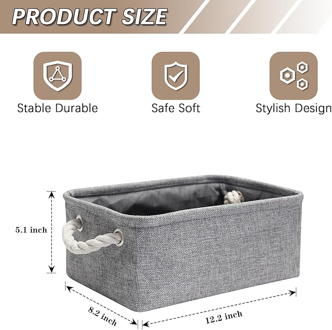 Fabric Storage Bins, 3 Pack Foldable Cube Baskets with Rope Handles, Large Collapsible Storage Cubes for Home, Office, Closet, Clothes, Books Organizer. (Gray, 3PCS/12.2*8.2*5.1inch)-NeatNest