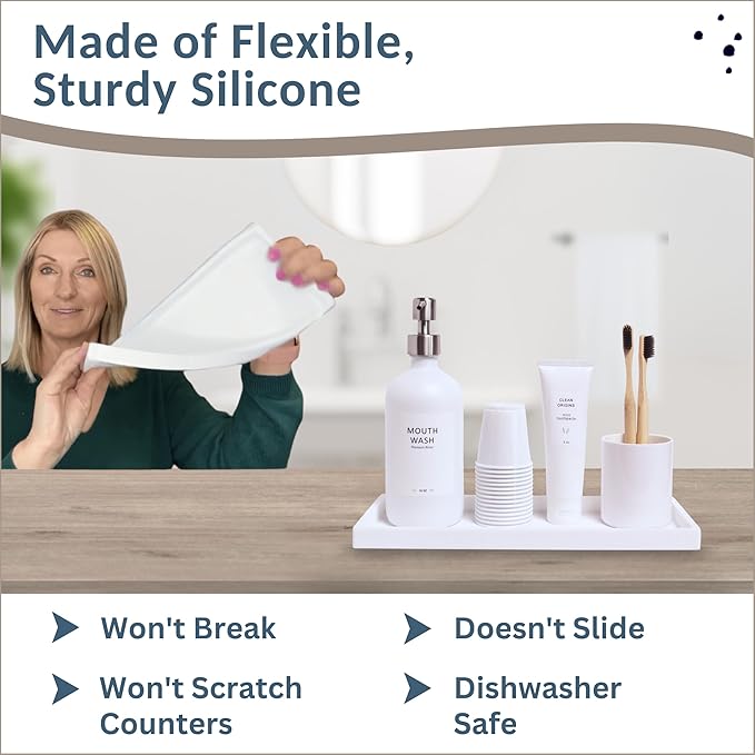 Countertop and Vanity Tray - 11.7" Silicone Bathroom Tray Countertop, Soap Trays for Kitchen Counter, Bathroom Counter Organizer Accessories Sink Caddy, Shower Trays Makeup Mat Oil, White-NeatNest