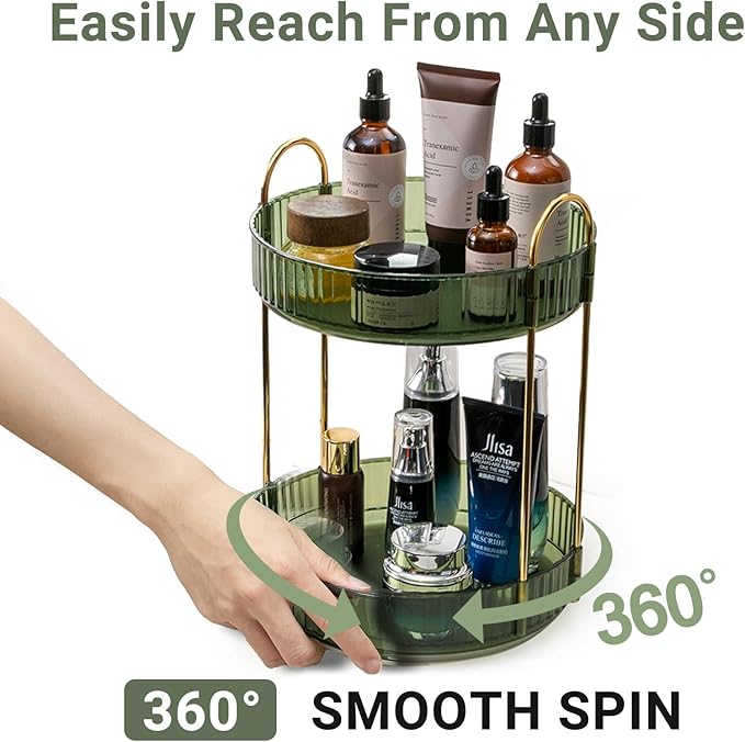360 Rotating Makeup Organizer for Vanity,2 Tier Large Capacity Skincare Organizers,Bathroom Counter Organizer, Spinning Perfume Organizer & Vanity Organizer (Green-2 Tier)-NeatNest