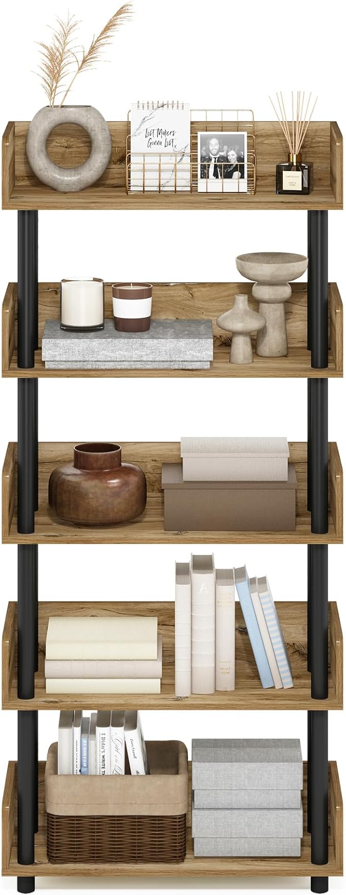 Furinno Turn-N-Tube 5-Tier Multipurposes Display Rack, Open Shelf Rack/Storage with back & side panel, Flagstaff Oak/Black-NeatNest