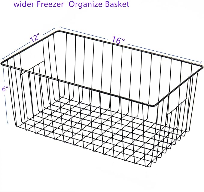 16" L x 12" W Wider Freezer Storage Organizer Baskets Container, Deep Metal Wire Chest Upright Refrigerator Divider Bins with Built-in Handles for Cabinet, Pantry, Closet, Kitchen, Black