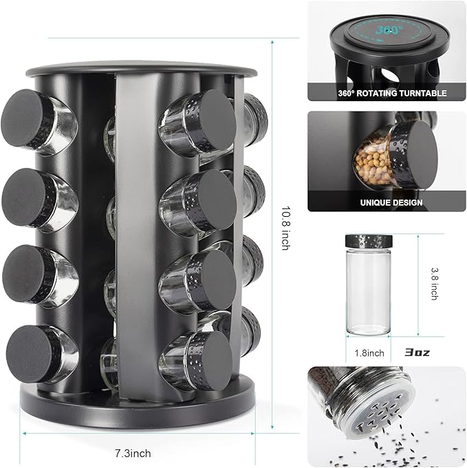 Black Countertop Rotating Spice Rack,Round Empty 16-Jars Revolving Spice Rack Organizer, 135 Spice Labels with Funnel Complete Set, for Kitchen Countertop, Cabinet-NeatNest