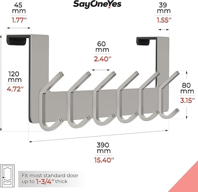 Brushed Nickel Over The Door Hooks – Heavy Duty Stainless Steel Door Hanger with 6 Double Hooks for Hanging Towels, Coats, Robes, Hats, Bags – No Drill Over Door Towel Rack for Bathroom & Bedroom-NeatNest