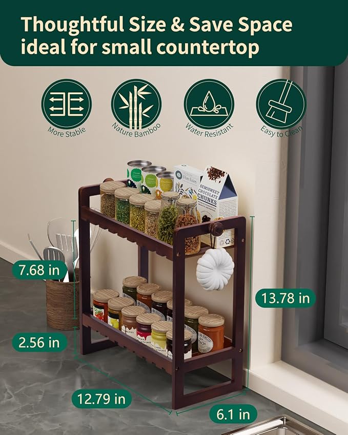 Countertop Organizer, Bamboo Spice Rack Organizer for Pantry, 2 Tier Kitchen Counter Shelf, Coffee Station Organizer,Teak-NeatNest