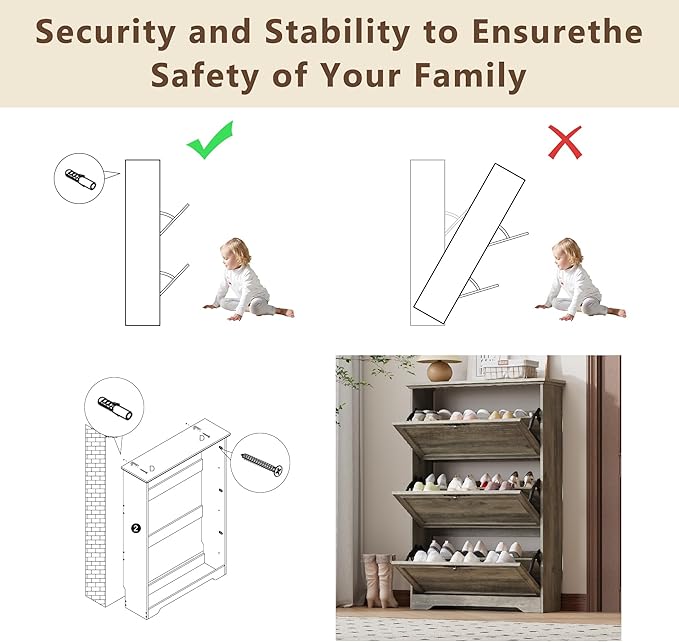 3 Flips Shoe Cabinet for Entryway, Narrow Shoe Storage Cabinet with Adjustable Shelves, Wooden Space-Saving Organizer and Rack for Foyer, Closet, Hallway