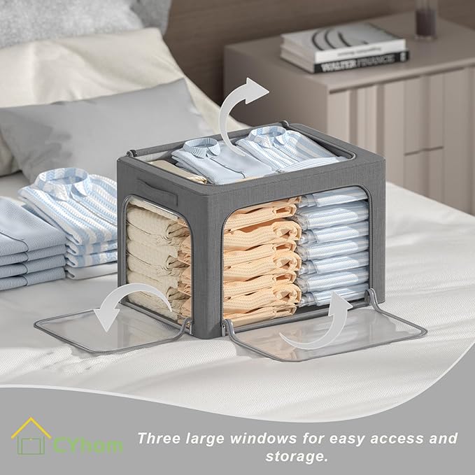3 Openings Clothes Storage Bins Box - 3Pack Stackable Foldable Storage Bin - Metal Frame Storage Box Clothing Storage Organizer with Clear Window, Carry Handles (66L-19.7x15.7x13in, Drak Grey)-NeatNest
