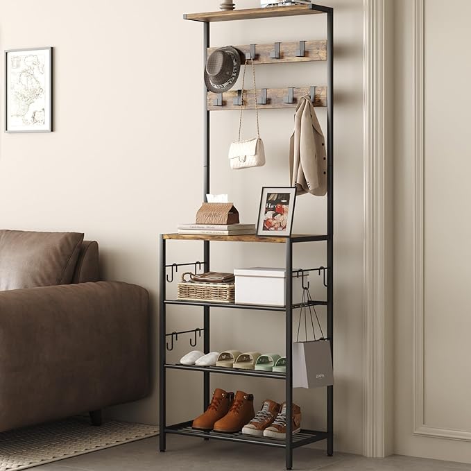 HOMEFORT Coat Rack with Shoe Storage, 5-Tier Shoe and Coat Rack with 9 Clothes Hooks, Freestanding Hall Tree Organizer for Entryway, Bedroom, Rustic Brown