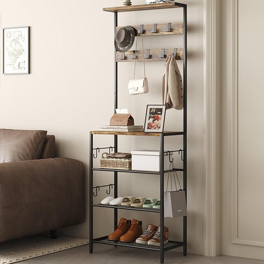 HOMEFORT Coat Rack with Shoe Storage, 5-Tier Shoe and Coat Rack with 9 Clothes Hooks, Freestanding Hall Tree Organizer for Entryway, Bedroom, Rustic Brown