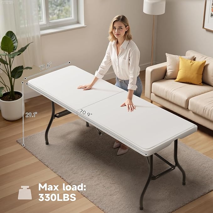 Folding Table 6 Foot - Heavy Duty 330LBS Capacity, Sturdy & Foldable Design with Safety Lock - Portable Tables Folding for Camping, Party, Indoor & Outdoor Use, 1 Pack-NeatNest