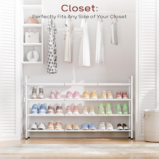 Bumusty 4-Tier Long Expandable Shoe Rack for Closet, 18"-44" Adjustable Shoe Rack for Entryway, 20-24 Pairs Large Shoe Organizer Shelf Storage, Sturdy Metal, White-NeatNest