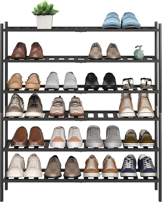 BMOSU 6-Tier Bamboo Extended Shoe Rack Premium Stackable Shoe Shelf Storage Organizer for Hallway Closet Living Room Entryway Organizer (Black Bamboo)-NeatNest