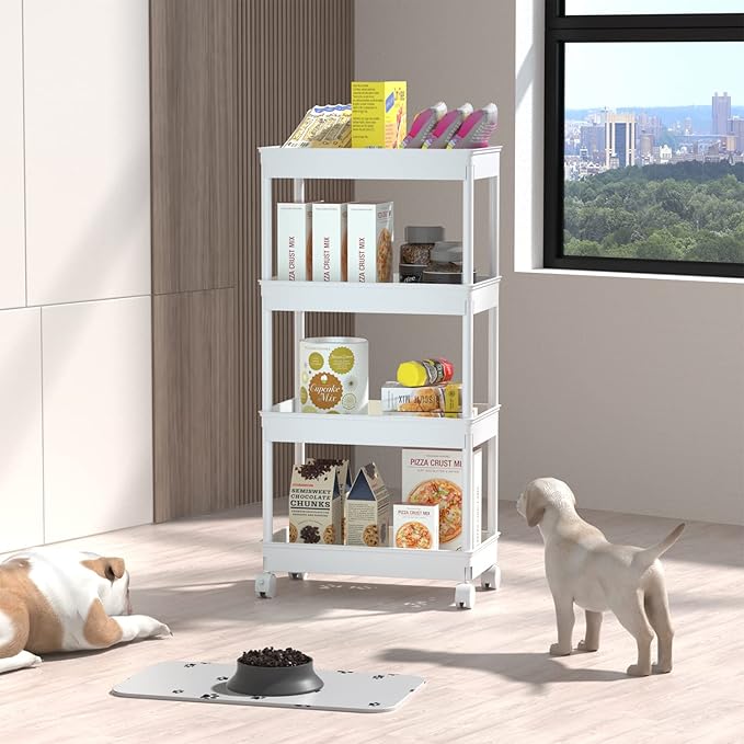 Sooyee 4 Tier Wide Storage Cart Mobile Shelving Unit Organizer Slide Out Storage Rolling Utility Cart Tower Rack for Kitchen Bathroom Laundry, Plastic & Stainless Steel,White