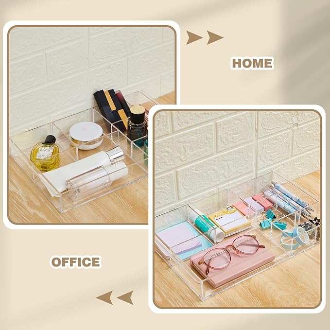 3 Pack Stackable Clear Drawer Organizer Trays 13.7" x 8.7" x 2" Plastic Acrylic Drawer Divider for Desk with 8 Compartments for Pens Paper Clips Sticky Notes Office Bathroom Arrangement