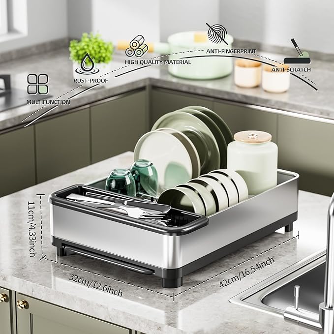 Dish Drying Rack, 304 Stainless Steel Dish Racks for Kitchen Counter, Compact Sink Dish Drainers with Drainboard & Utensil Holder, Space Saving Kitchen Organizer, Black