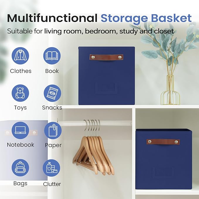 6-Pack Collapsible Fabric Storage Cubes with Handles & Label Holders, Closet Cube Home Organizer Bins (Navy Blue, 10.5*10.5*11 inch)