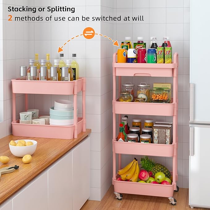 Calmootey 4-Tier Rolling Utility Cart with Drawer,Multifunctional Storage Organizer with Plastic Shelf & Metal Wheel,Storage Cart for Kitchen,Bathroom,Living Room,Office,Pink-NeatNest