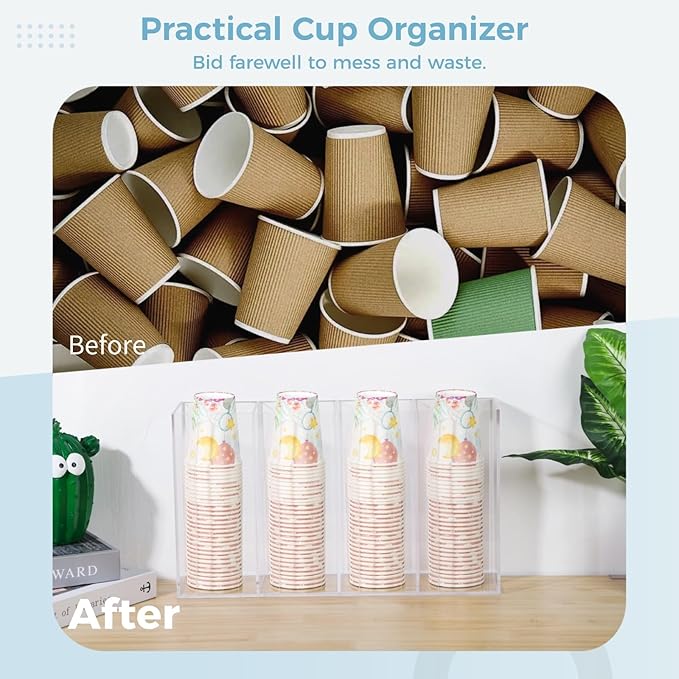 4-Compartment Acrylic Cup Dispenser, White, 116.54.19.6 inches, Clear Desktop or Wall-Mounted Cup Organizer for Coffee, Bar, Restaurant-NeatNest