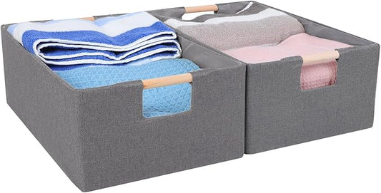 ANMINY 2PCS Storage Baskets for Organizing Collapsible Fabric Storage Bins Boxes with Wood Handles Closet Shelves Cube Organizer Bins Clothes Laundry Storage Container - Medium, Gray-NeatNest