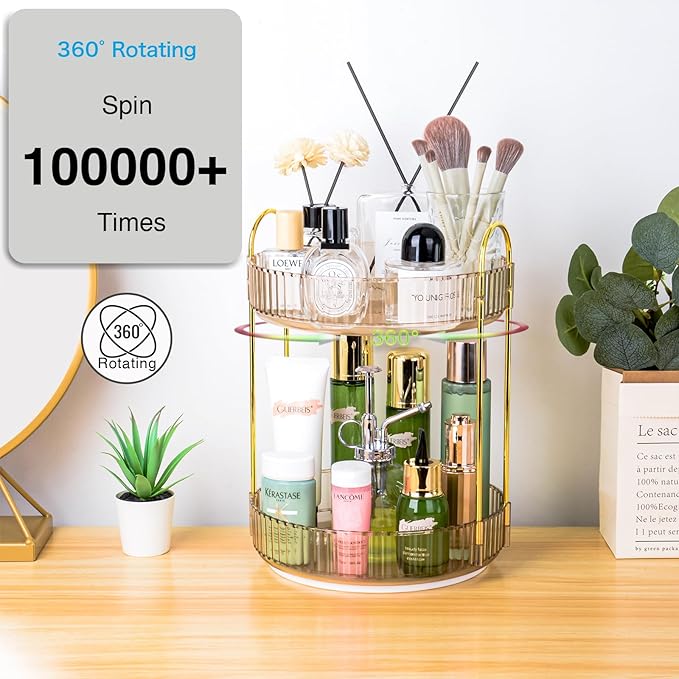 360 Rotating Makeup Organizer - Large Capacity Spinning Perfume & Cosmetic Skincare Holder for Vanity & Countertop (Vibrant Orange, 2 Tier)-NeatNest